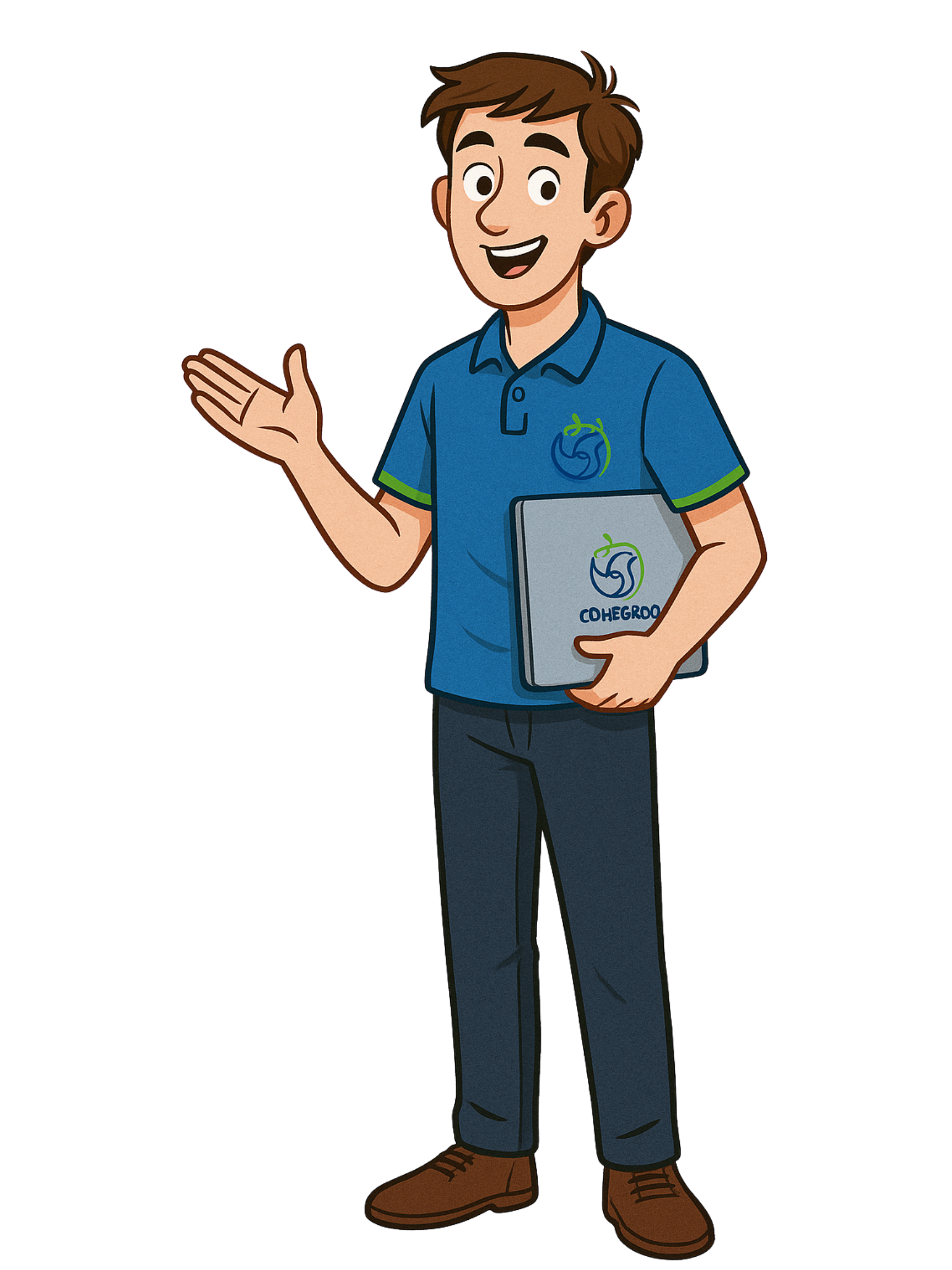 Leo, personaje del curso, invitando a llenar las encuestas